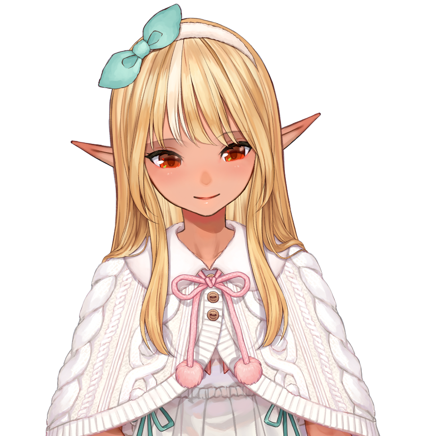 金髪のロングヘアとエルフ耳が特徴の不知火フレアが、白いケープ姿で微笑んでいる上半身のイラスト